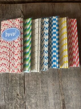Set of 6 Assorted Patterned Paper Straws - Blue, Red, Green, Yellow, Pink